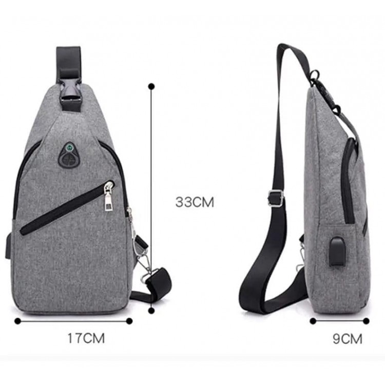 Рюкзак з одним плечовим ременем, USB роз'єм, розмір 17*33*9см, Сірий (Gray)