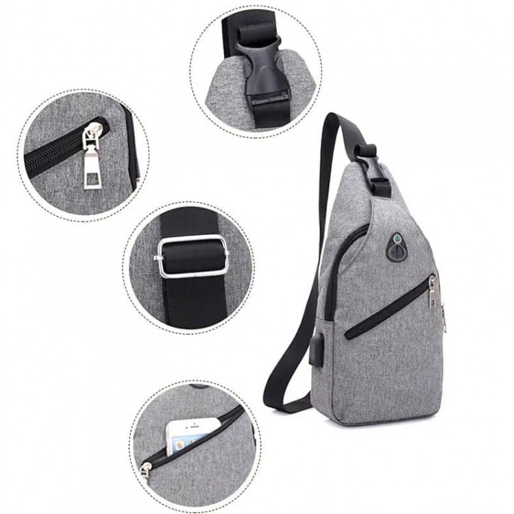 Рюкзак з одним плечовим ременем, USB роз'єм, розмір 17*33*9см, Сірий (Gray)